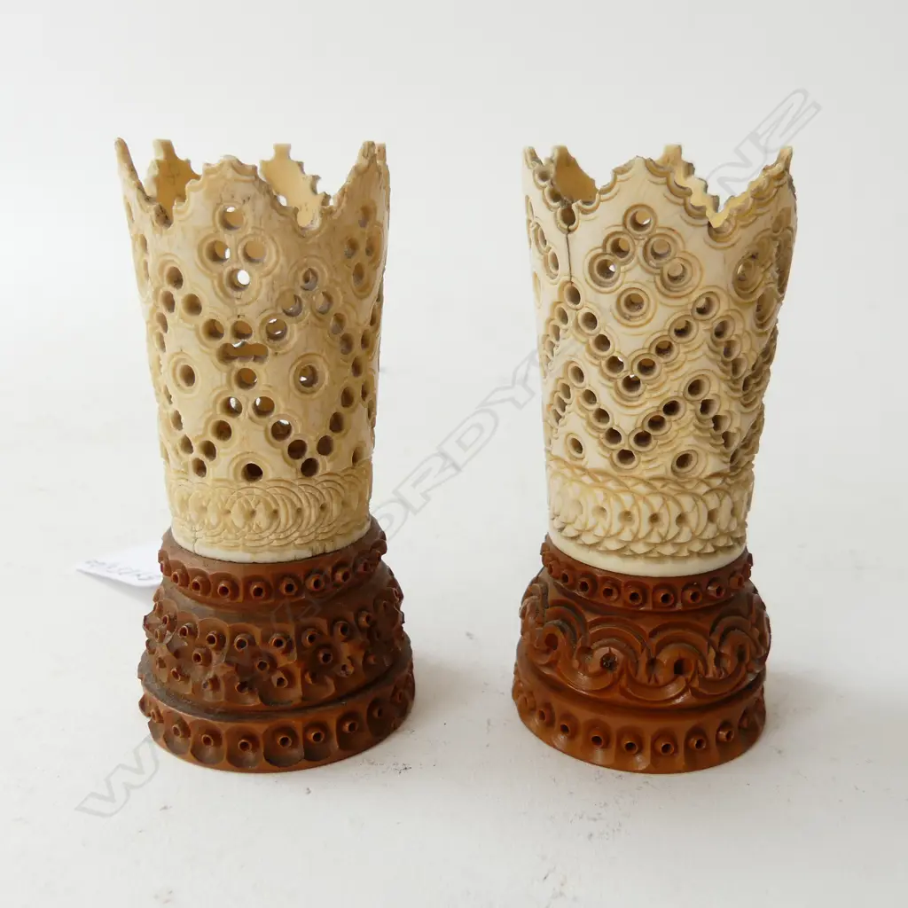 PAIR VICTORIAN CARVED BONE & COQUILLA NUT ORNAMENTS H.85MM Image 1++