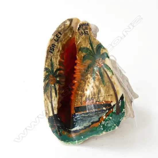 WWII SOUVENIR HAND PAINTED CONCH SHELL OF SHIP ISA LEI, SUVA FIJI 1942. SIGNED “BY EMS SUVA” FIJI 1942 INSCRIPTION TO RE
