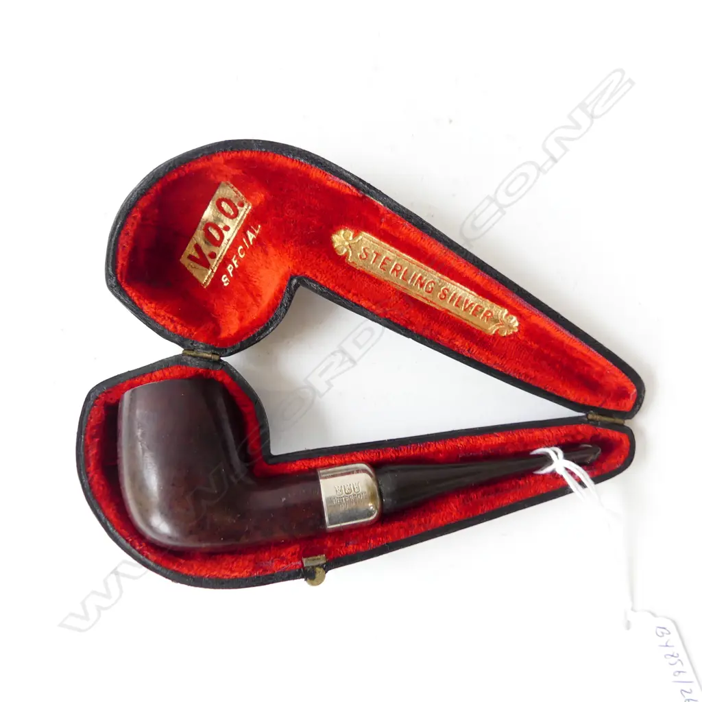 ANTIQUE IRISH PIPE STG SILVER MOUNT & BRIAR BOWL IN LEATHER CASE “PETERSON’S A. SYSTEM PIPE” DUBLIN L.145MM Image 1++