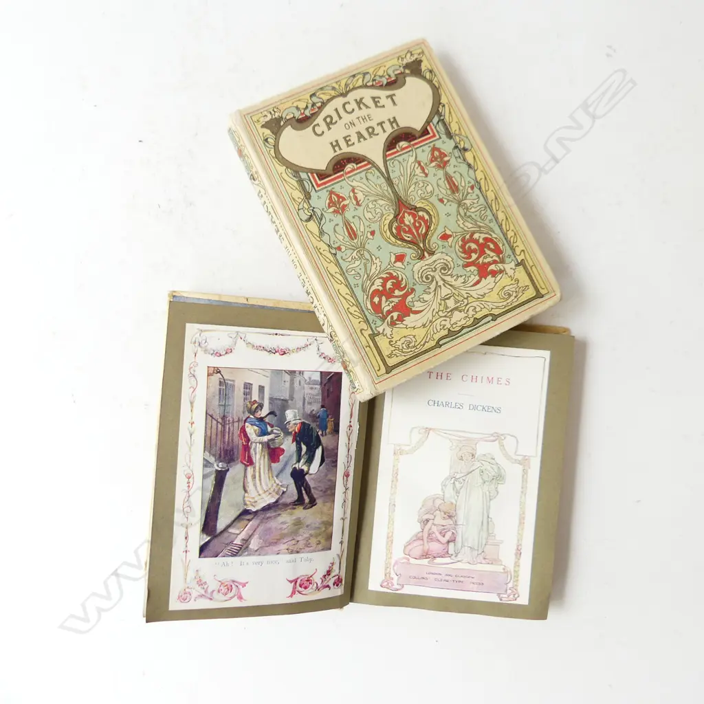 TWO ART NOUVEAU CHARLES DICKENS NOVELS 'CRICKET ON THE HEARTH' & 'CHIMES' PUBLISHED 1909 L.135MM Image 1++