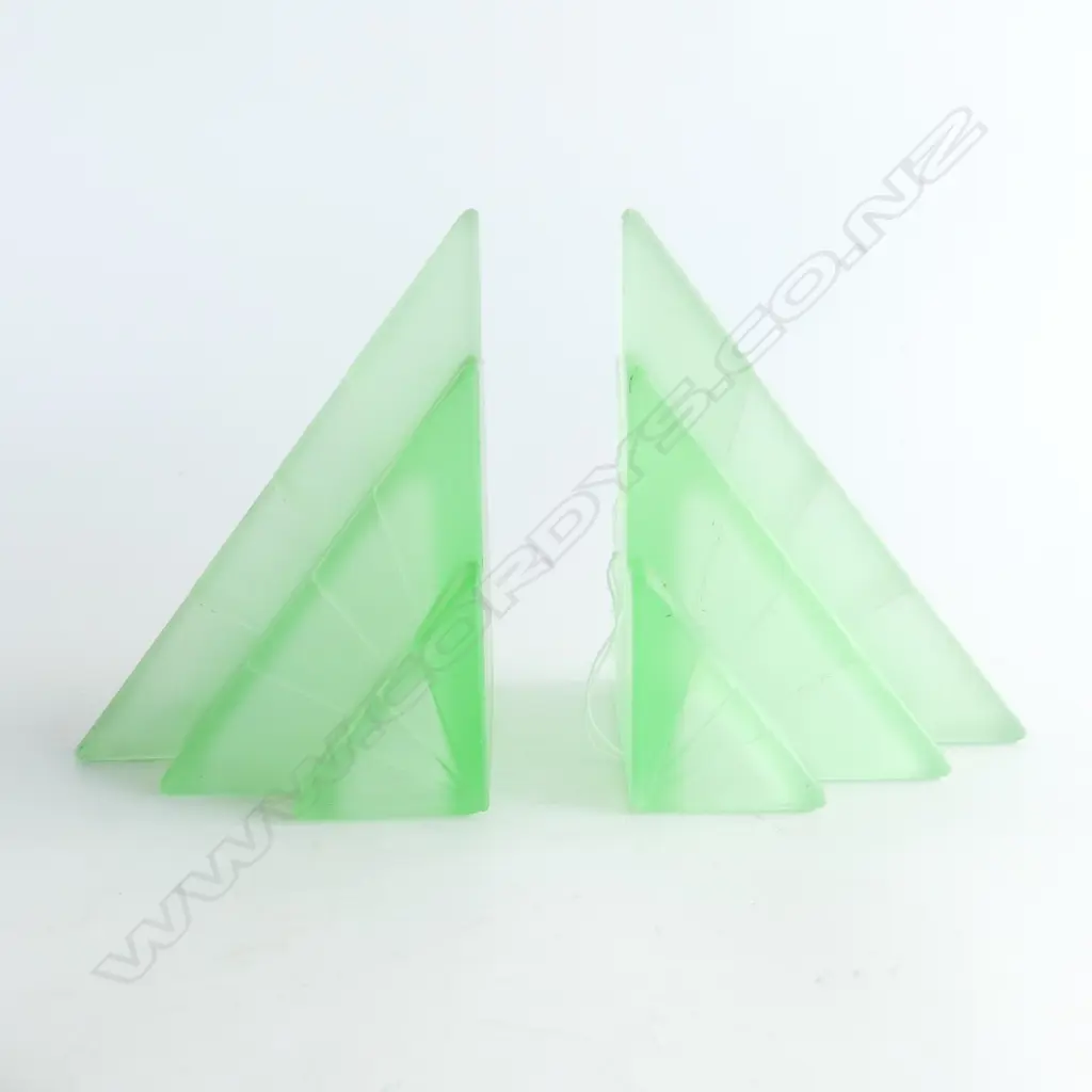PAIR OF GREEN  DEPRESSION GLASS TRIANGULAR BOOKENDS WITH SATIN FINISH . 100X100X140mm (each) Image 1++