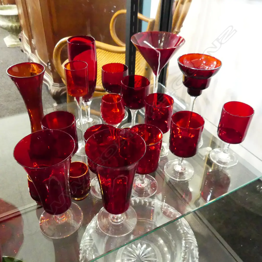 COLLECTION CRANBERRY GLASS INCL STEM GLASSES,BOTTLES,ETC Image 1++