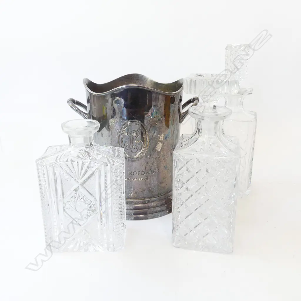 3 CUT CRYSTAL WHISKEY DECANTERS [ONE STOPPER ABSENT] + LOUIS ROEDERER ICE BUCKET [2008] Image 1++