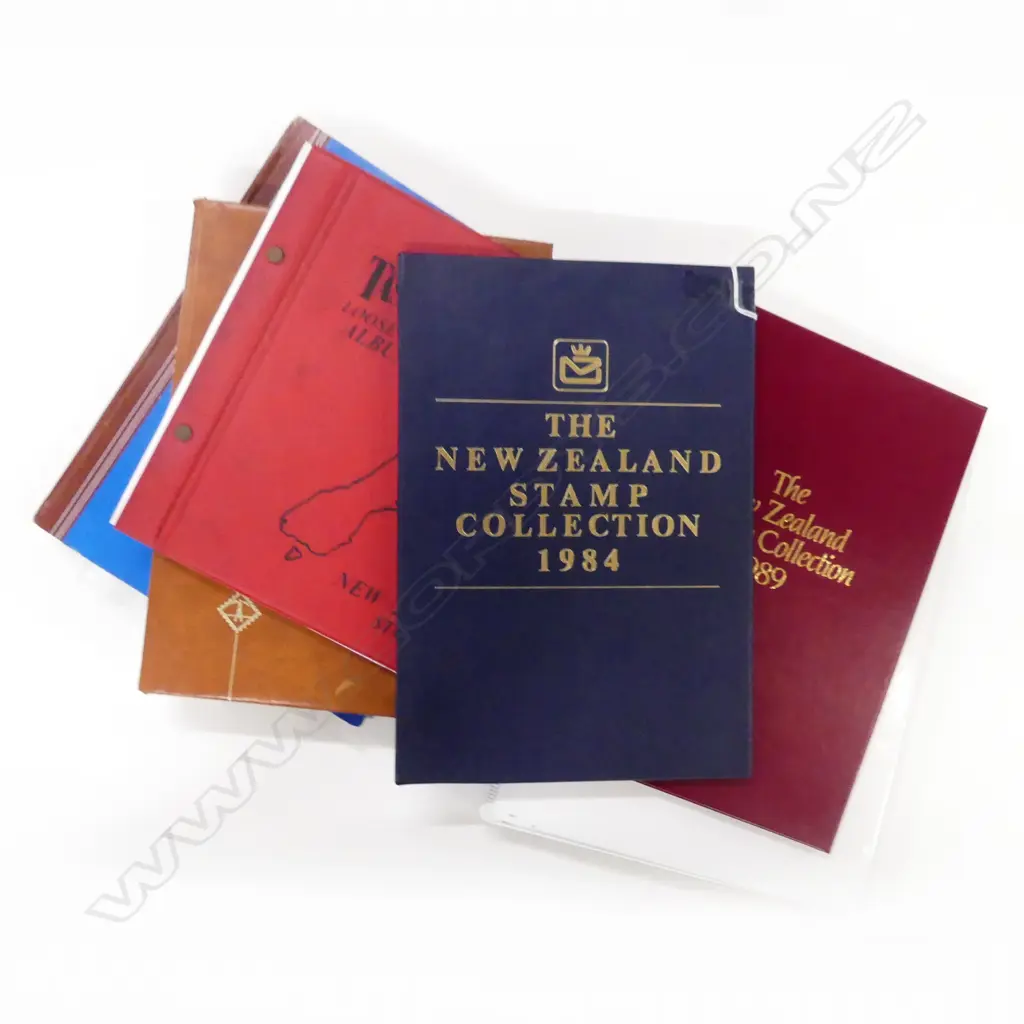 4 ASST. STAMP ALBUMS + 2 NZ STAMP COLLECTIONS '84 & '89 + FRAMED NZ FILM STAMPS Image 1++