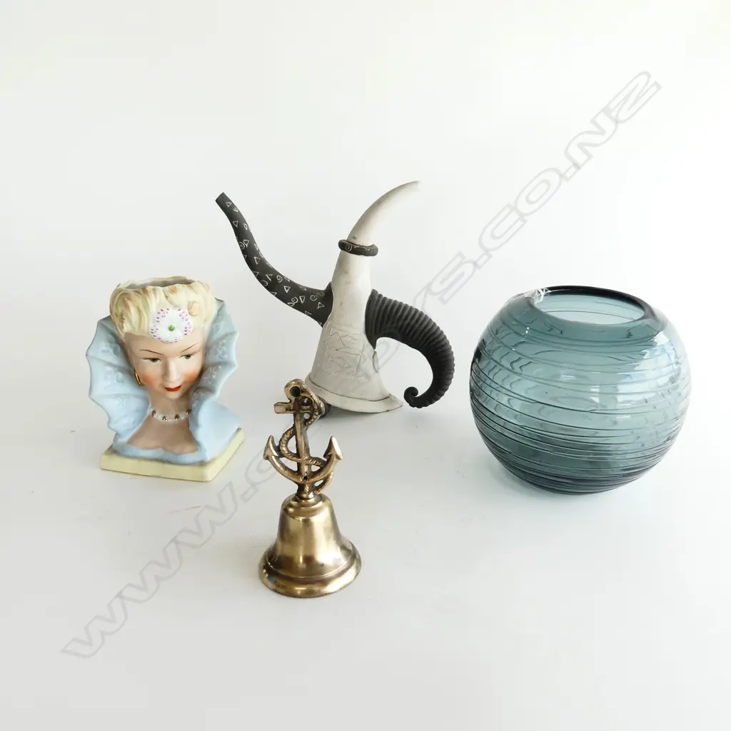 4 PCS, VINTAGE SHIPS' BRASS BELL, ART DECO FEMME BUST PEN HOLDER, ART GLASS VASE & FIONA TUNNICLIFFE TEAPOT. H.200mm Image 1++