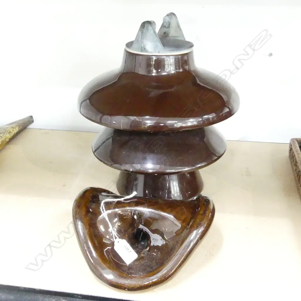 BROWN GLAZED CERAMIC ELECTRICAL INSULATOR NGK 1965 JAPAN H.300mm Image 1++