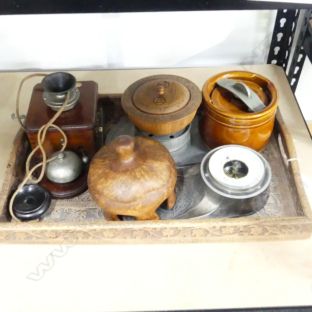INDIAN CARVED WOODEN TRAY L.450mm w ASST. VINTAGE ITEMS, INCL. EARLY WALL TELEPHONE & 2 HAND TURNED WOODEN BOXES Image 1++