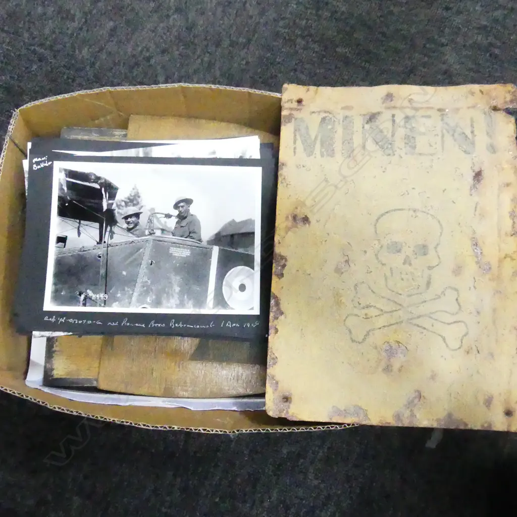 BOX ASST. POSTCARDS, 19thC LETTERS, WWII PHOTOS: ADMIRAL HEFFERNAN, ALLAN BENNISON, 3 GERMAN SIGNS ETC Image 1++