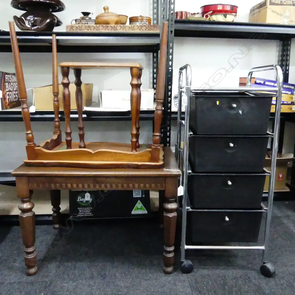 3 WOODEN SIDE TABLES - FAULTS + 4 DRAWER TROLLEY Image 1++