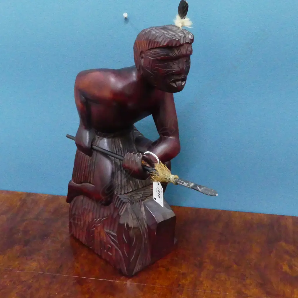 MID CENTURY CARVED MAORI WARRIOR [OLD REPAIR TO SPEAR] H360MM Image 1++