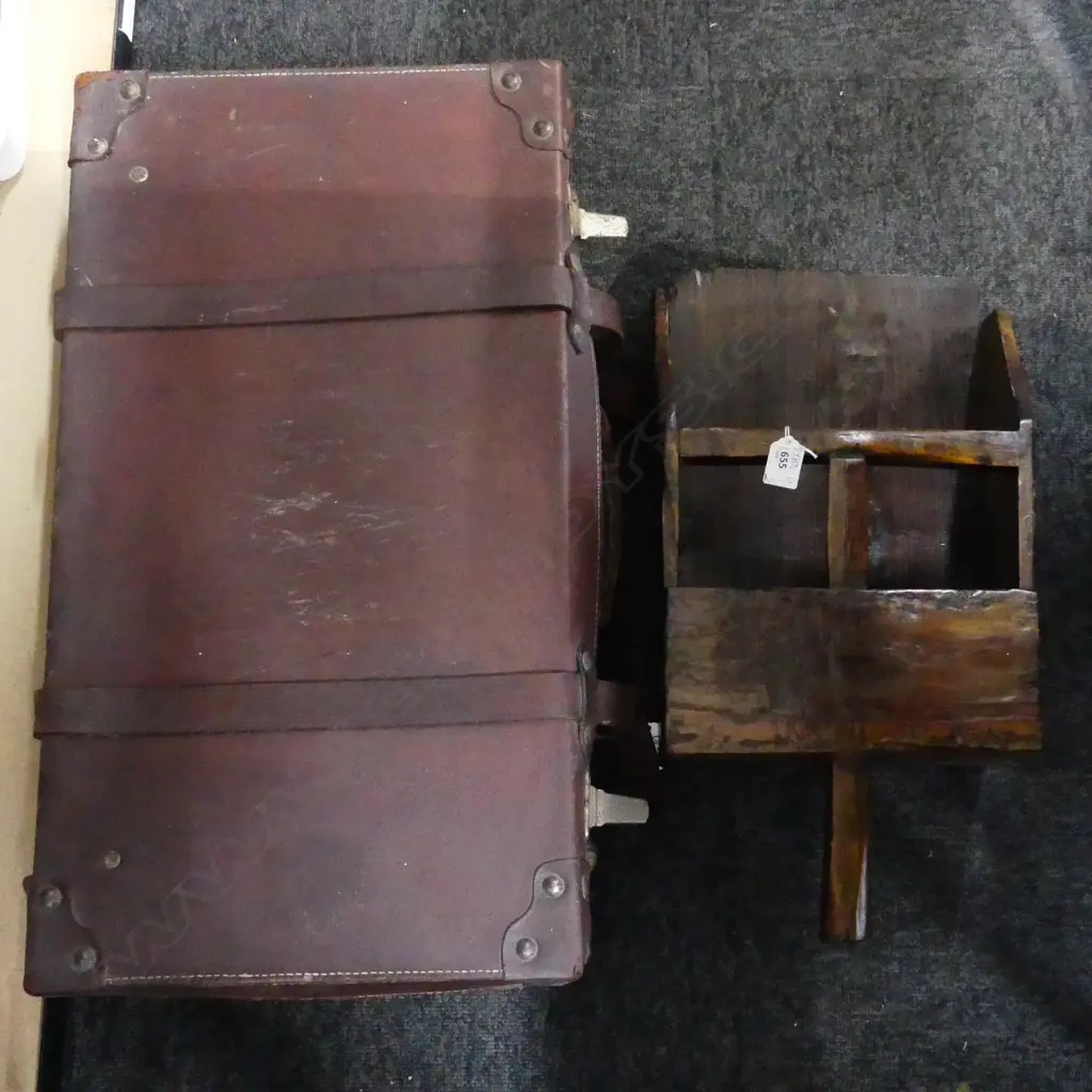 LARGE OLD WOODEN GRAIN SCOOP. 280x140x530mm & OLD LEATHER SUITCASE Image 1++