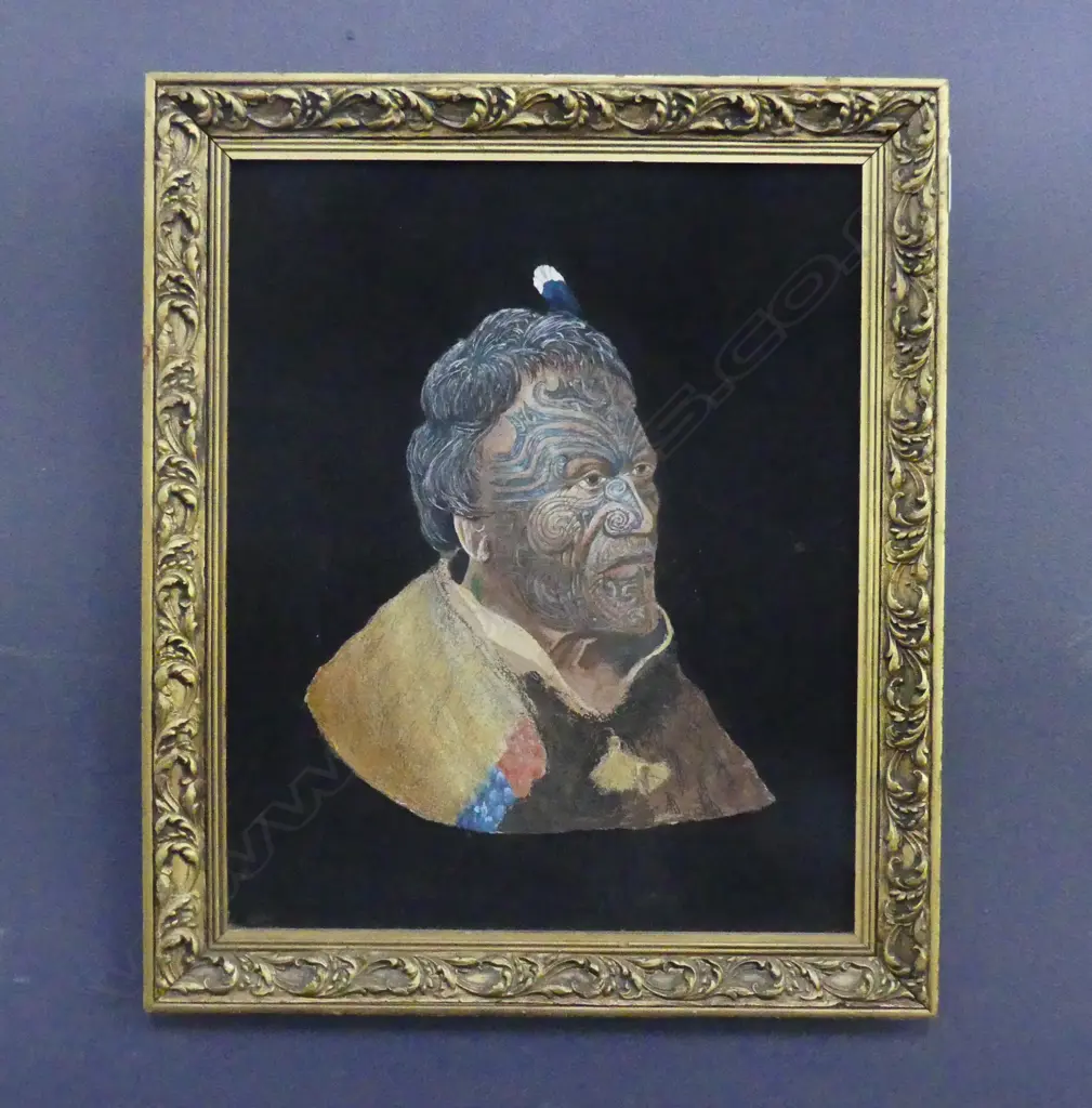 PORTRAIT OF MAORI MAN, ACRYLIC ON BLACK FABRIC ON BOARD 420x340mm Image 1++