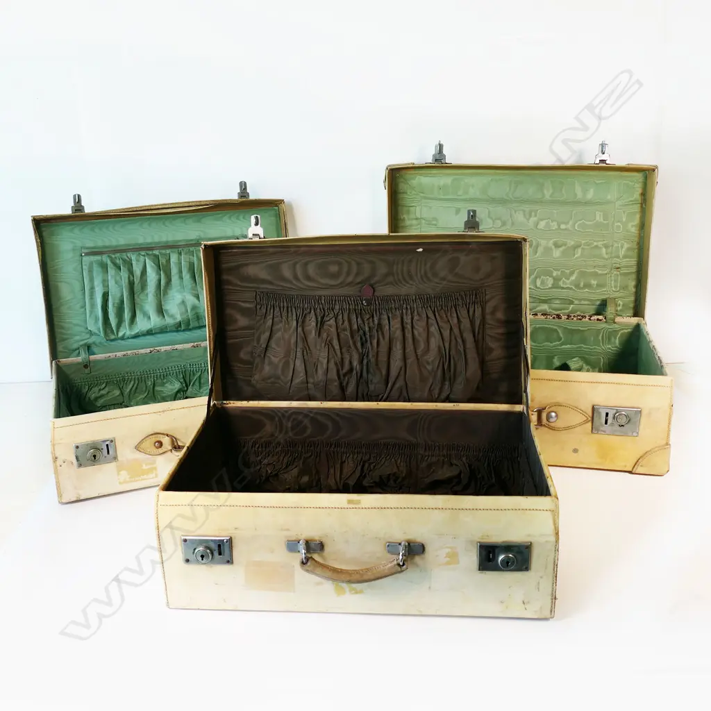 SET 3 VINTAGE VELLUM SUITCASES (1 ASPREY OF LONDON), ALL LINING INTACT Image 1++