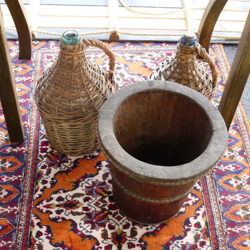 WOODEN BUCKET H.300mm + 2 CANE WRAPPED BOTTLES Image 1++