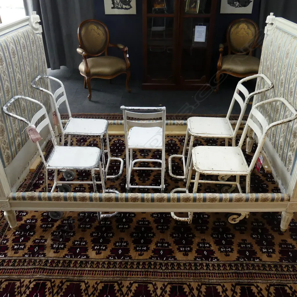 4 VINTAGE FRENCH WHITE PAINTED METAL HOSPITAL CHAIRS Image 1++