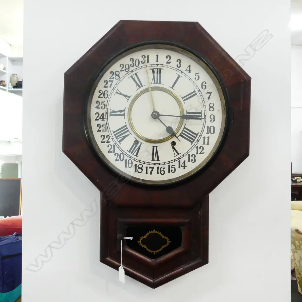LATE 19THC DROP PENDULUM WALL CLOCK AMERICAN w day of month calender Image 1++