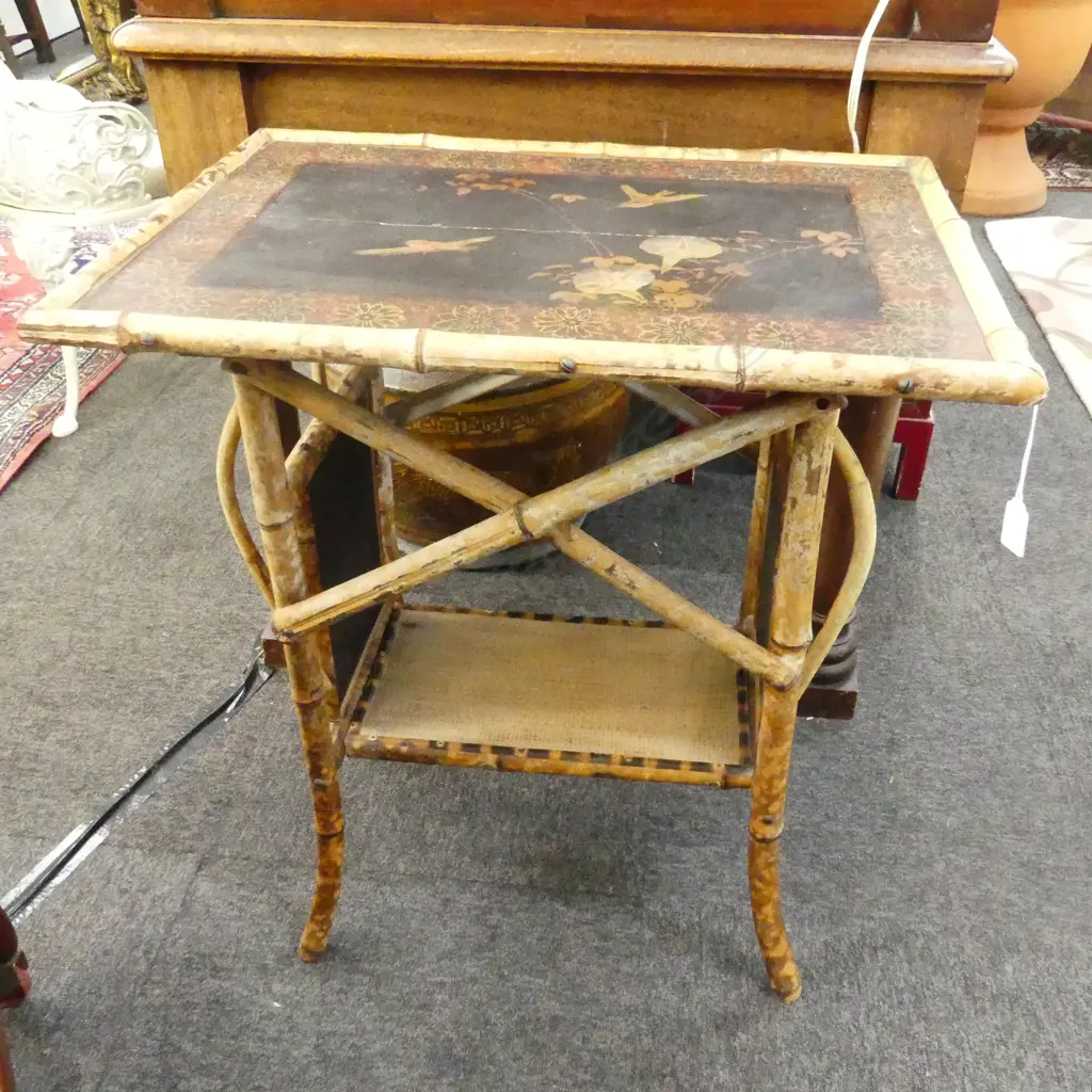 EARLY 20thC ORIENTAL BAMBOO & CANE SIDE TABLE w. LACQUER PANELS 655x460x740mm Image 1++