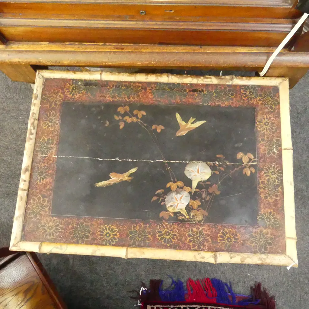 EARLY 20thC ORIENTAL BAMBOO & CANE SIDE TABLE w. LACQUER PANELS 655x460x740mm Image 1++