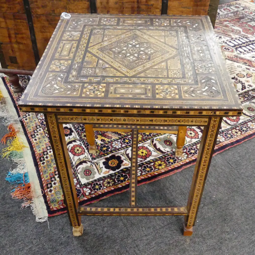 ANGLO INDIAN SQUARE OCCASIONAL TABLE WITH TYPICAL MOP & WOODS INLAY . 450x570mm Image 1++