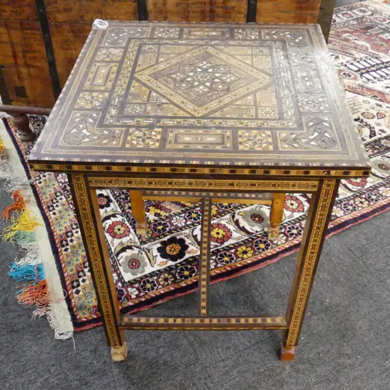 ANGLO INDIAN SQUARE OCCASIONAL TABLE WITH TYPICAL MOP & WOODS INLAY . 450x570mm