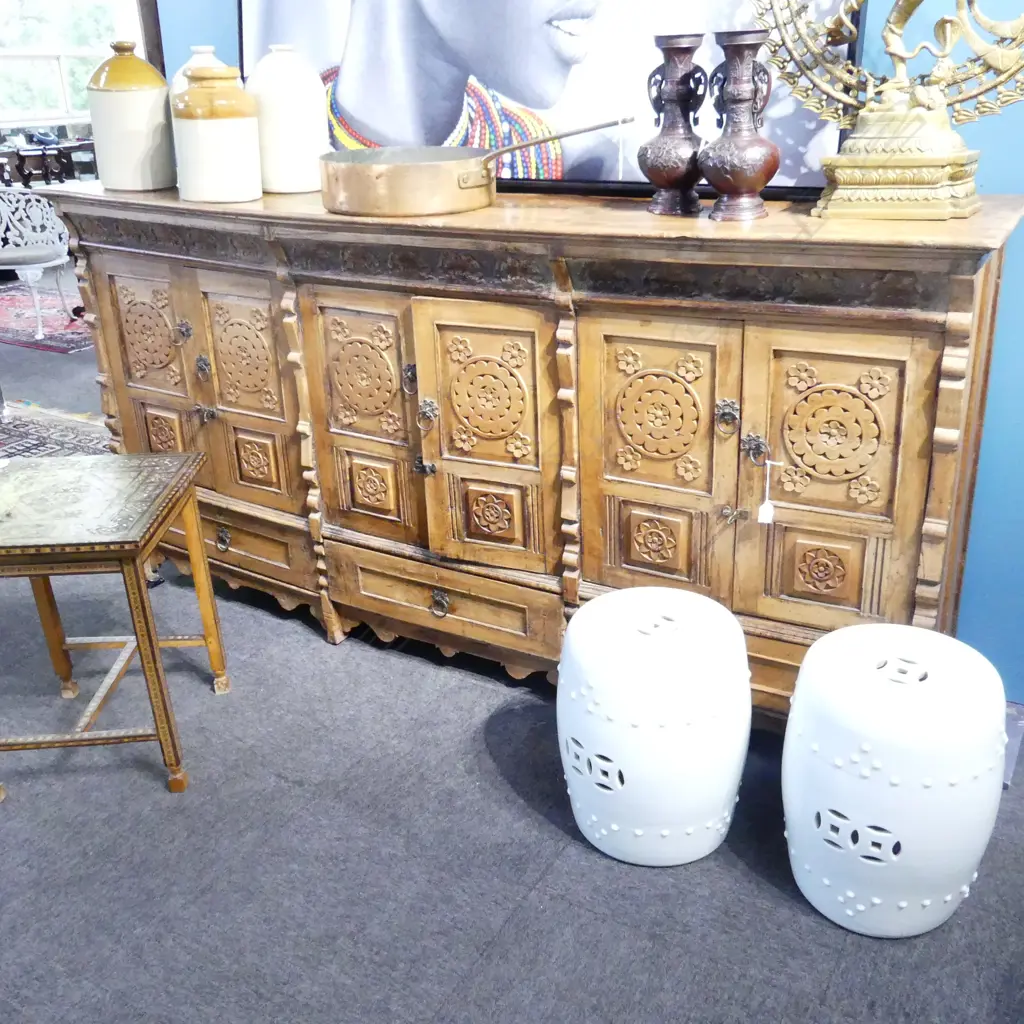 LARGE INDONESIAN HEAVILY CARVED HARDWOOD SIDEBOARD WITH THREE CUPBOARDS AND THREE DRAWERS BELOW. 2150x490x1080mm Image 1++
