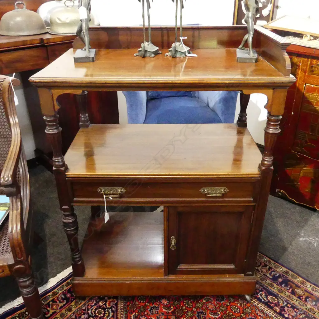 OLD MAHOGANY DUMB WAITER TURNED SUPPORTS SINGLE DRAWER & CUPBOARD. 740x450x950mm Image 1++