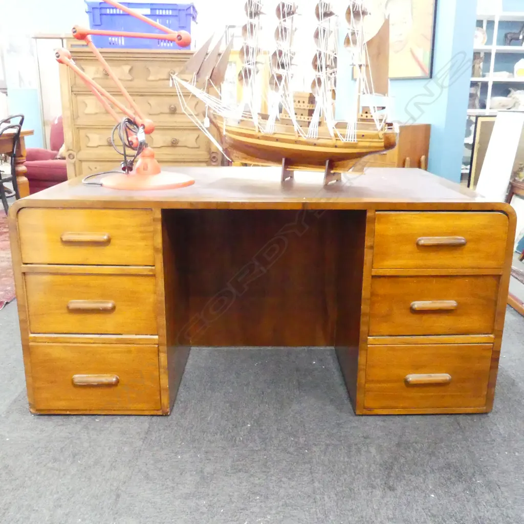 MAHOGANY 1930s TWIN PEDESTAL DECO DESK. CURVED SIDES & LEATHERETTE INSET TO THE TOP .1510x885x730mm Image 1++