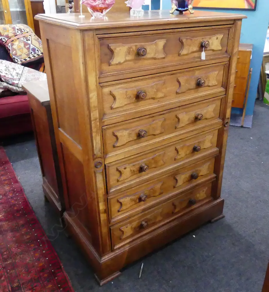 QUALITY FIGURED WOOD PANELED SIX DRAWER TALLBOY . 930 x 485 x 1280mm Image 1++