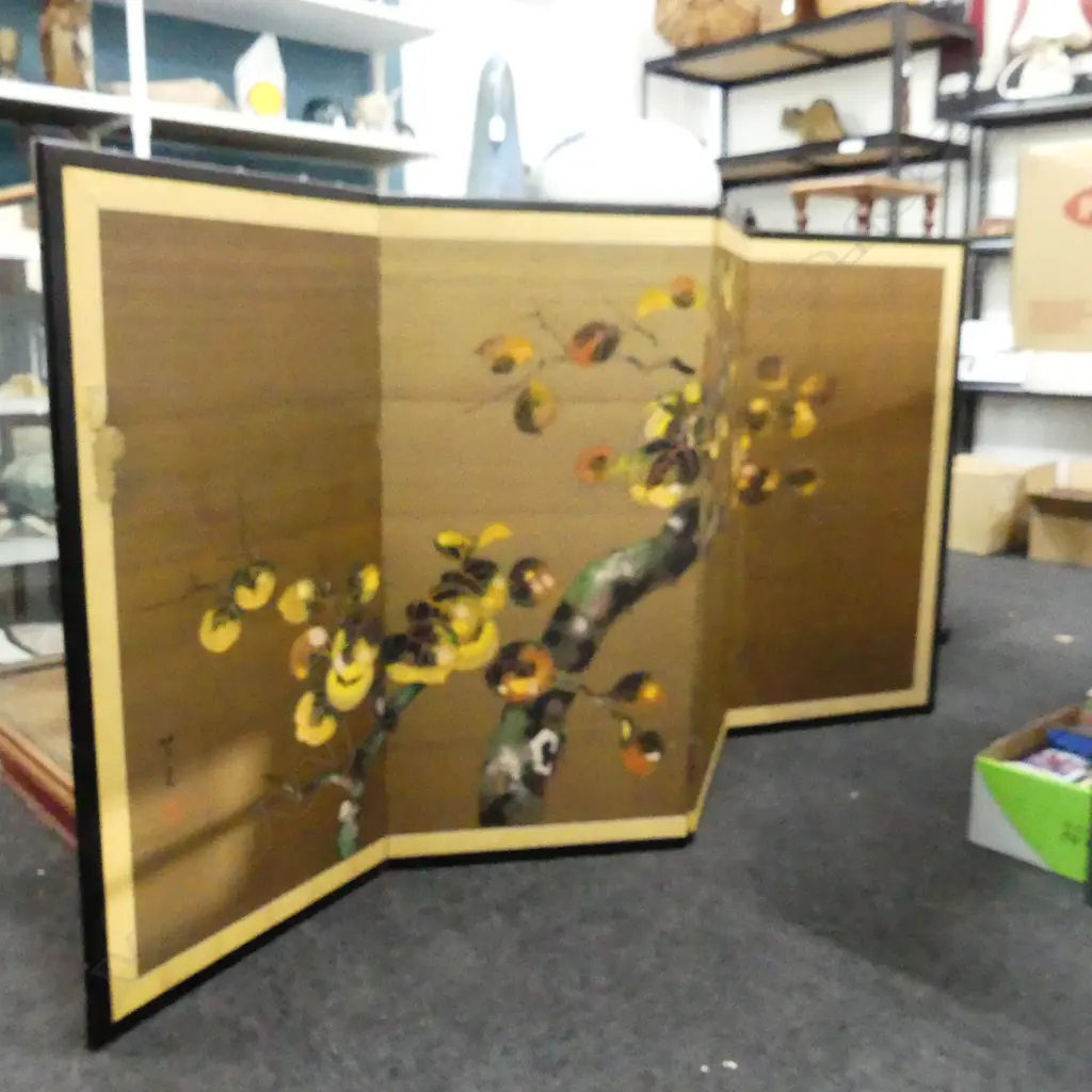 FOUR PANEL JAPANESE SCREEN DECORATED WITH CHERRY BLOSSOM ON BRANCHES.1800x 920mm Image 1++