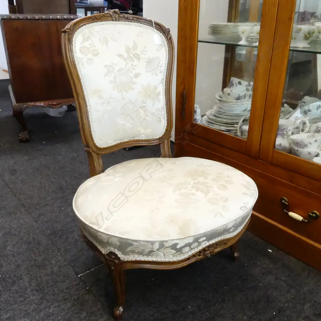 SMALL FRENCH WALNUT BEDROOM CHAIR CREAM BROCADE Image 1++