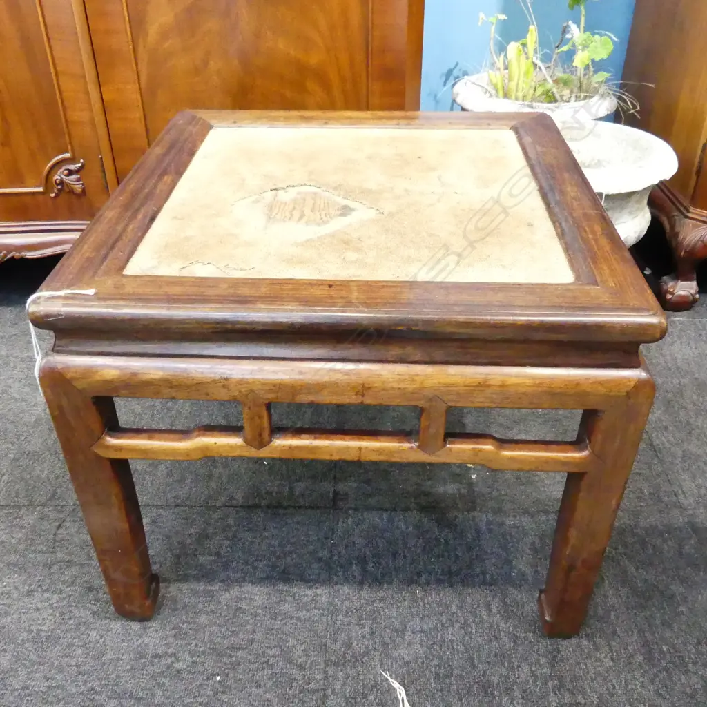 ORIENTAL HARDWOOD SIDE TABLE - TOP WORN 555x555x460mm Image 1++