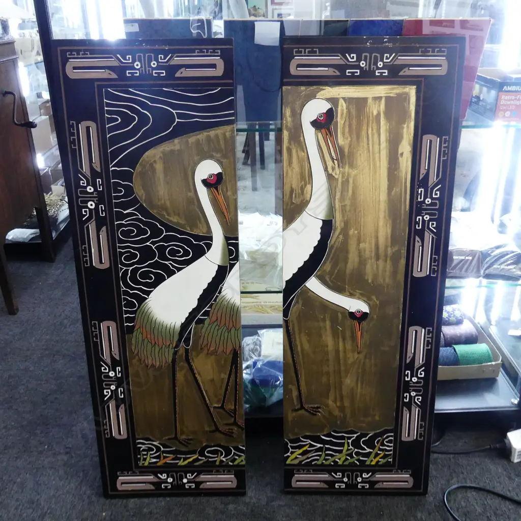 FOUR CHINESE EBONISED PANELS WITH RECESSED CRANE DETAIL.305x920mm Image 1++