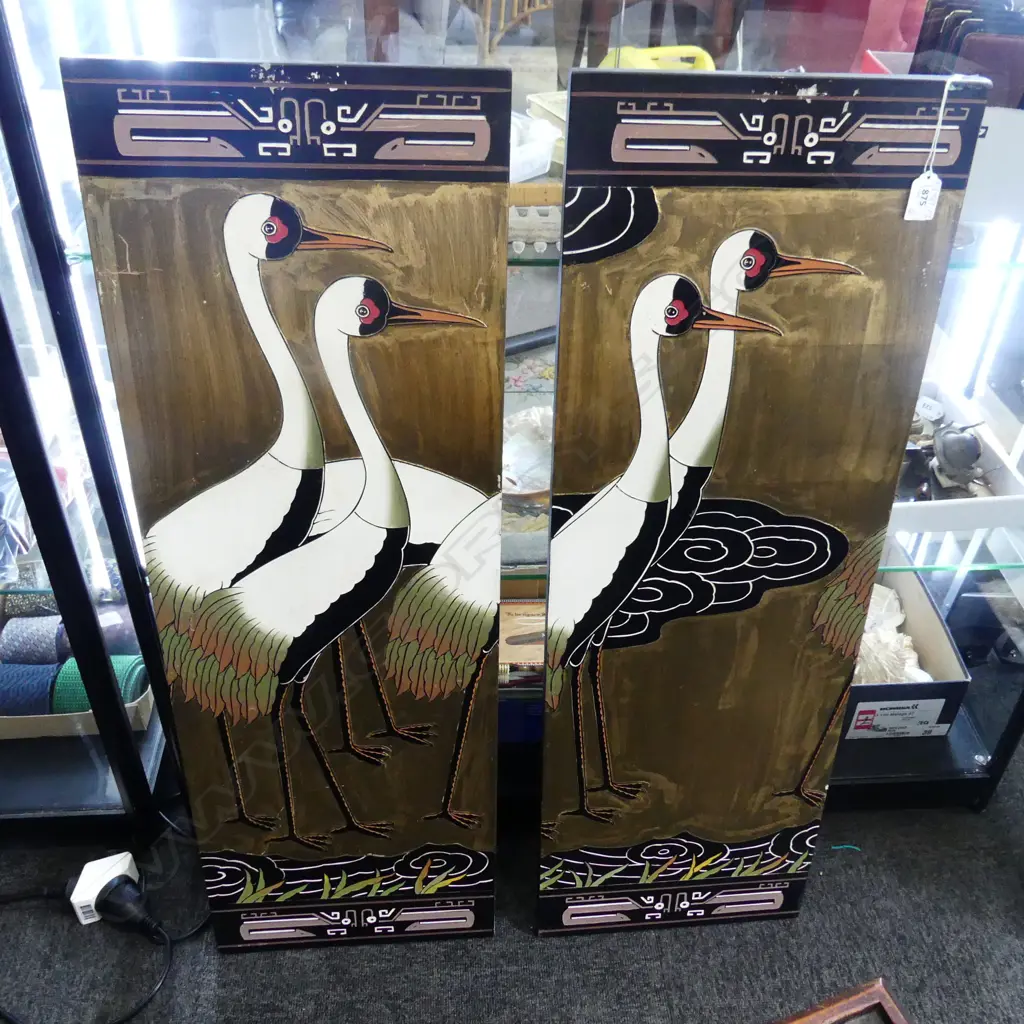 FOUR CHINESE EBONISED PANELS WITH RECESSED CRANE DETAIL.305x920mm Image 1++