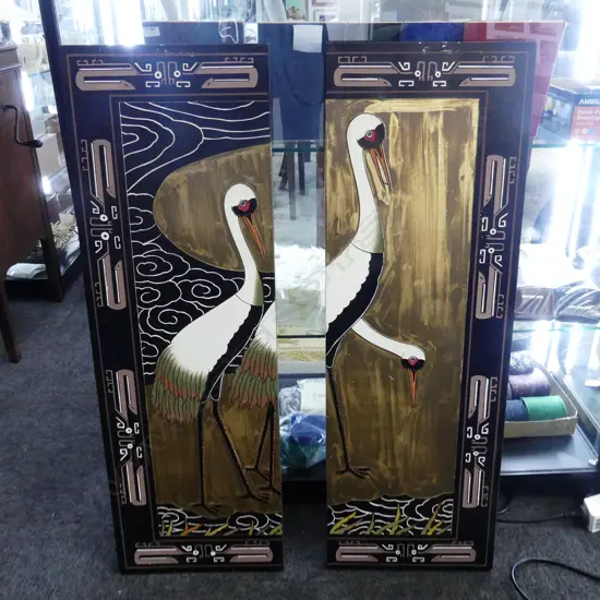 FOUR CHINESE EBONISED PANELS WITH RECESSED CRANE DETAIL.305x920mm