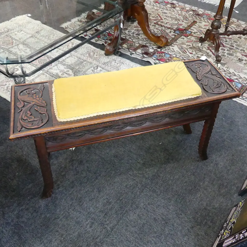 VINTAGE CARVED WOODEN PIANO STOOL W.940mm Image 1++