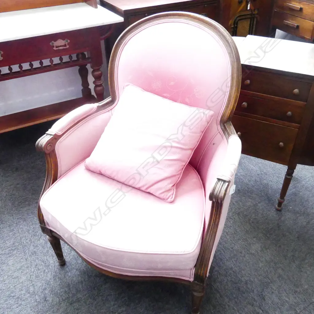  FRENCH STYLE BERGERE CHAIR - FADED RED UPHOLSTERY Image 1++