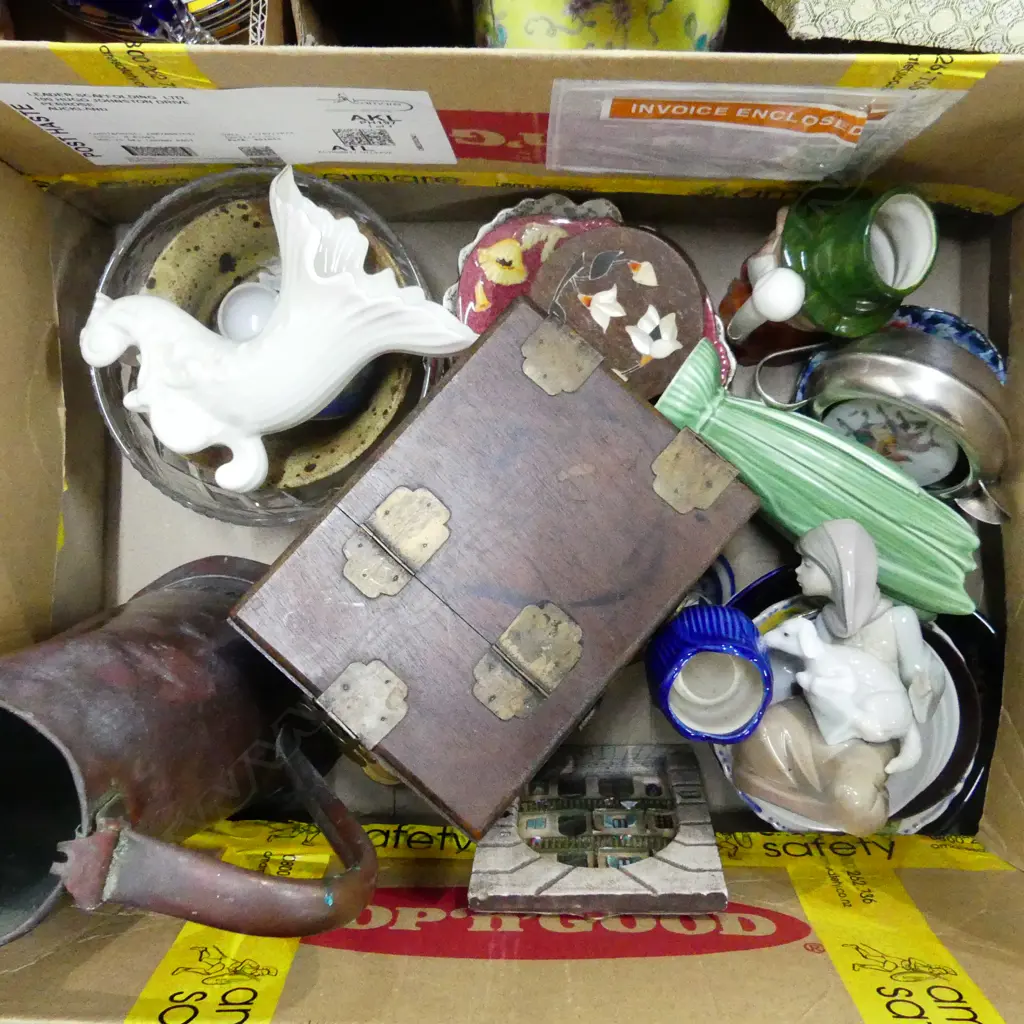 BOX LOT ASST. CERAMICS, ASIAN WOODEN JEWELLERY BOX, LG COPPER JUG ETC Image 1++