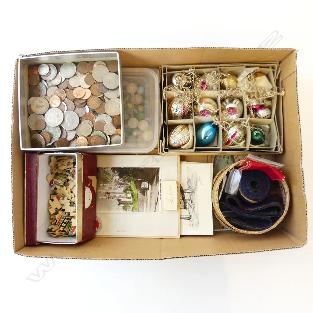 BOX ASST. EPHEMERA, NZ COINS, MARBLES, ETC Image 1++