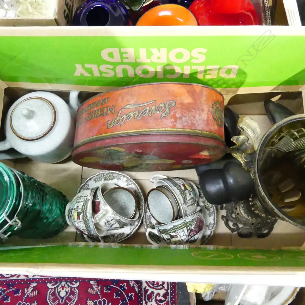 BOX LOT ASST. CHINA, TIN, LG GLASS VASE ETC Image 1++