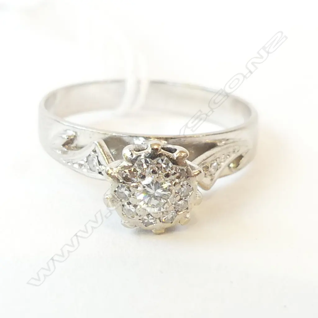 PALLADIUM & DIAMOND CLUSTER RING, 3gm diamond 0.21ct, size P Image 1++