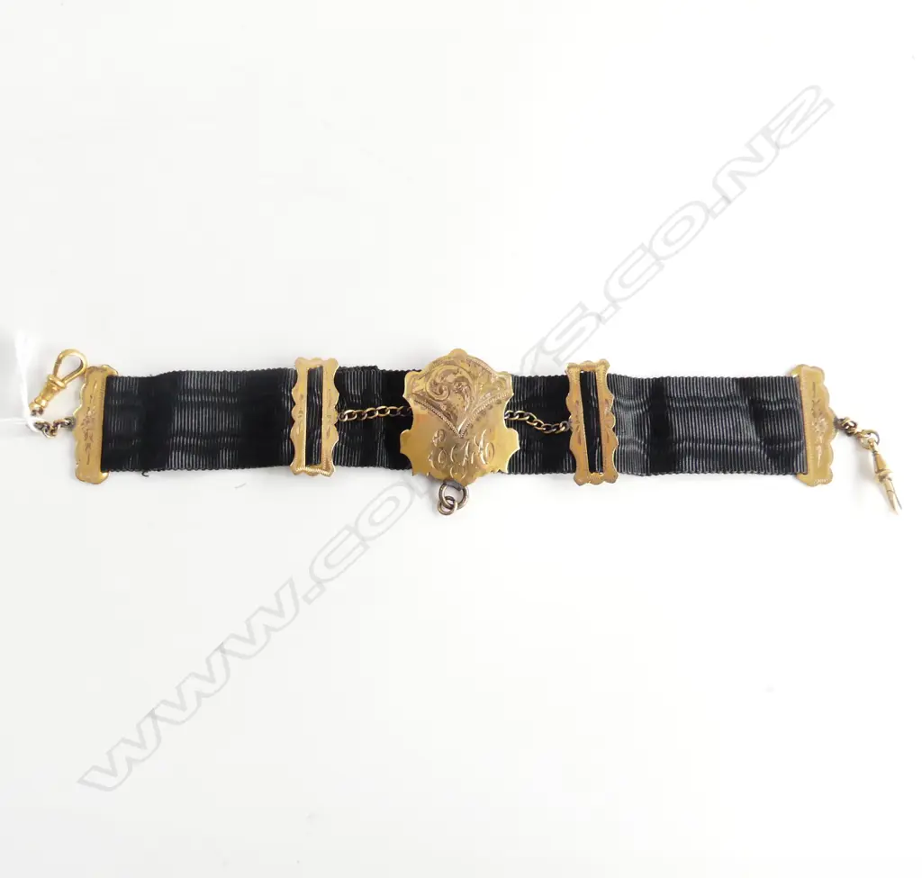 EDWARDIAN 9CT ROSE GOLD & BLACK SILK RIBBON ALBERTINA 12.4gms RTV Image 1++