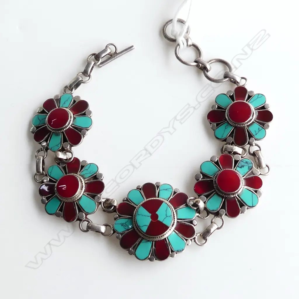 925 STANDARD SILVER, TURQUOISE, CARNELIAN FLOWER BRACELET Image 1++