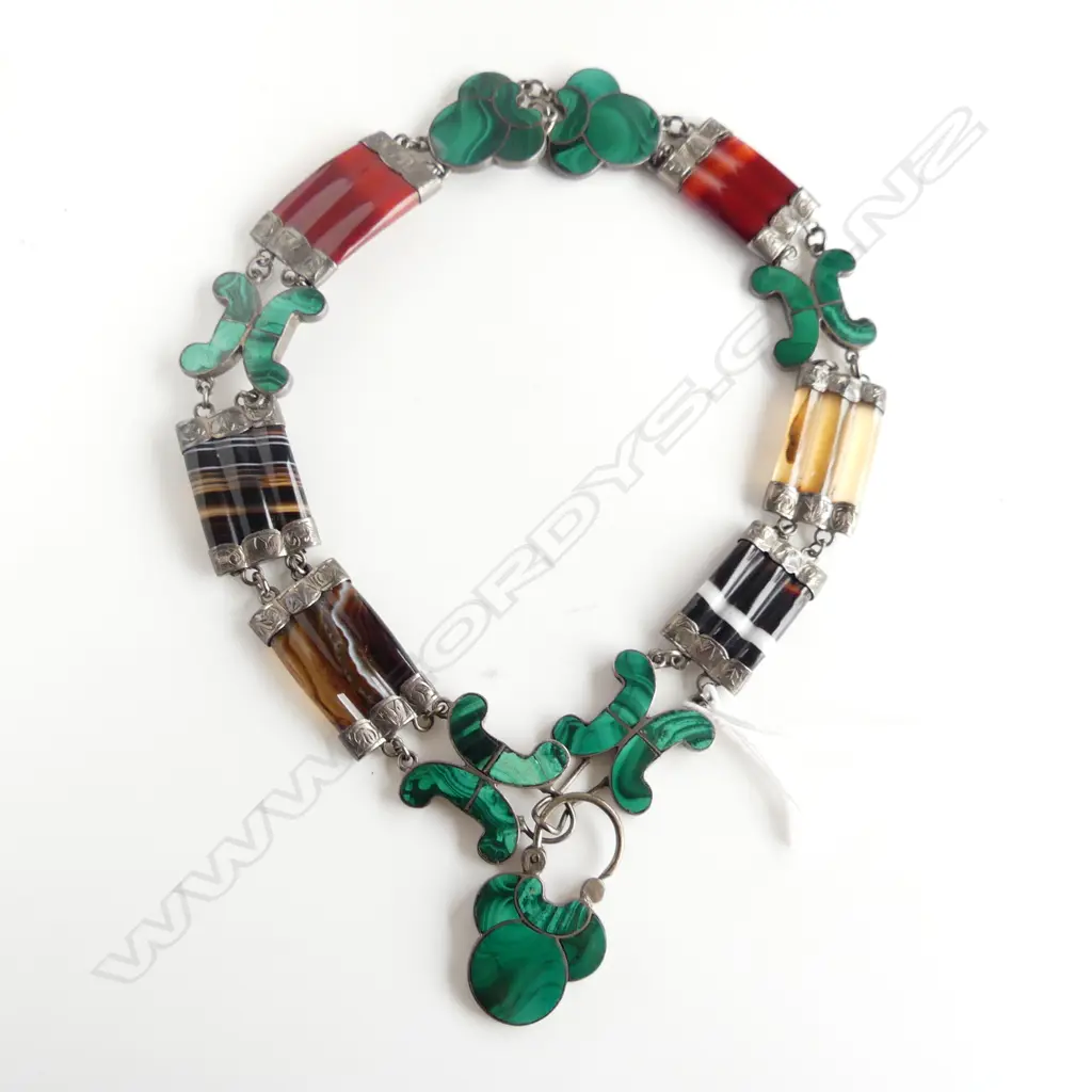 c1900 BANDED AGATE + MALACHITE CHOKER NECKLACE Image 1++