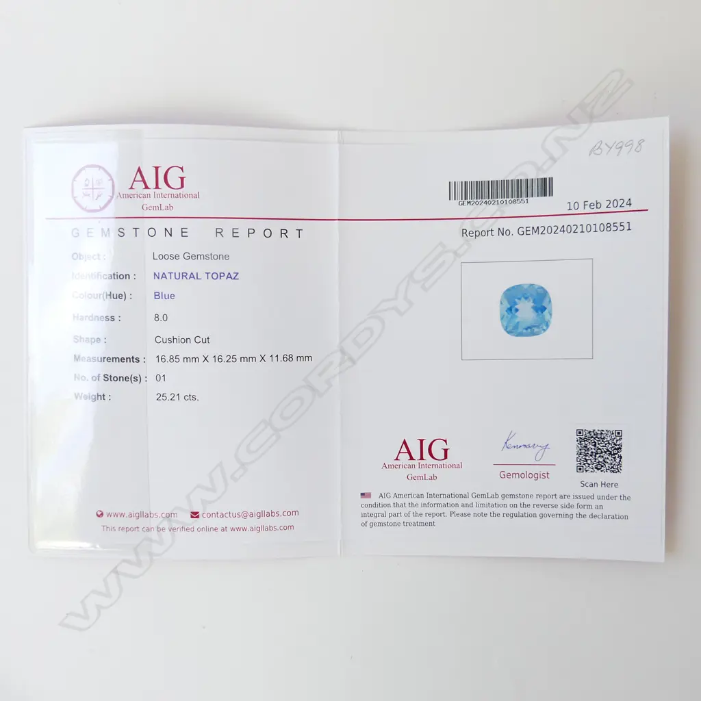 NATURAL BLUE 25.21ct TOPAZ, CUSHION CUT. AIG REPORT Image 1++