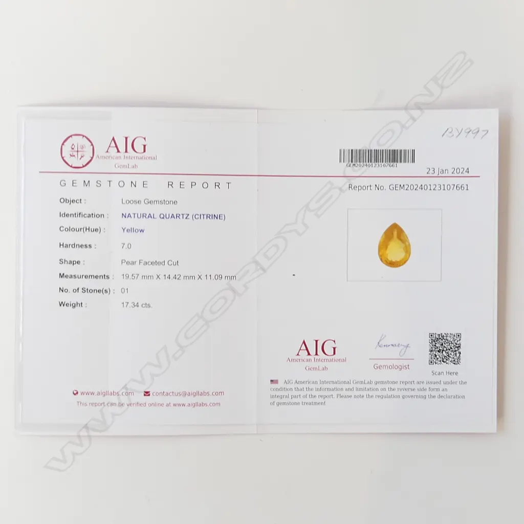 NATURAL CITRINE, PEAR FACETED CUT, 17.43ct. AIG REPORT Image 1++