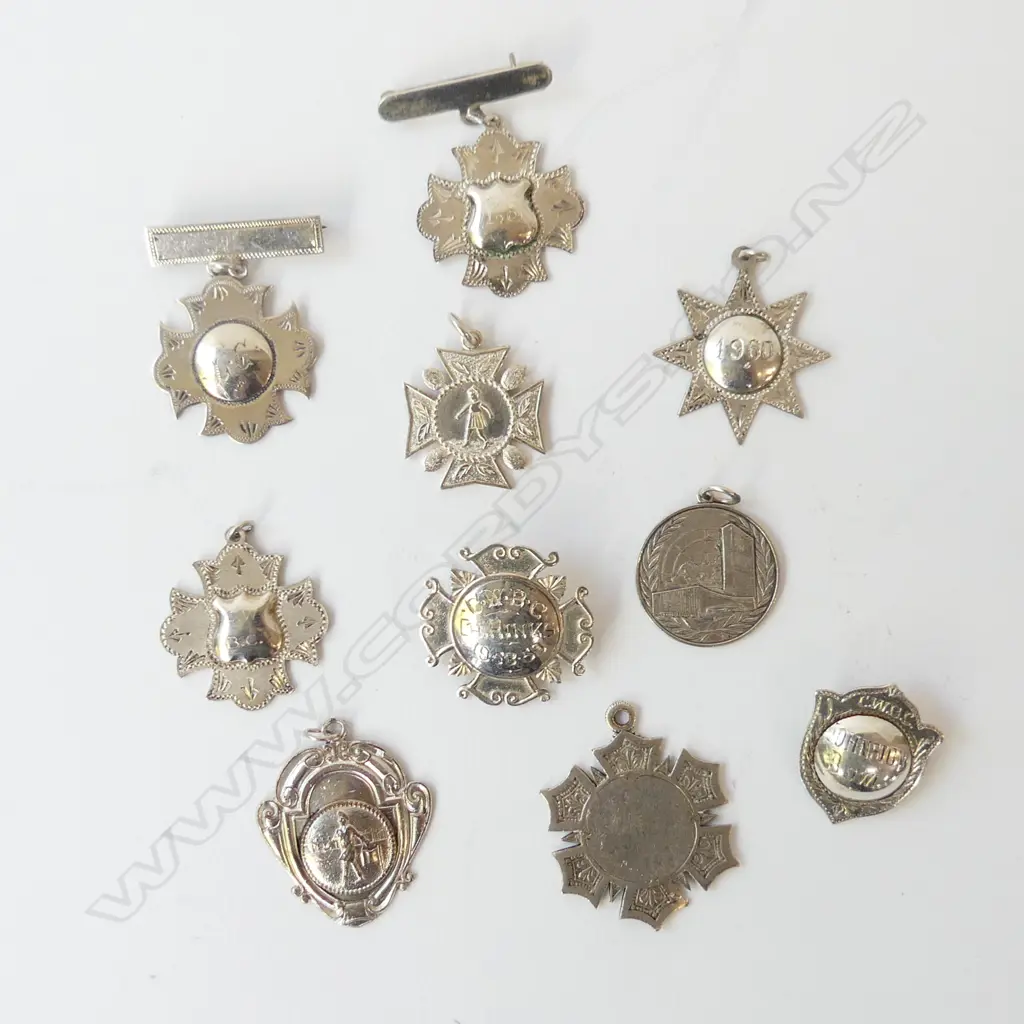 10 OLD SILVER MEDALS & MEDALLIONS, 60gm Image 1++