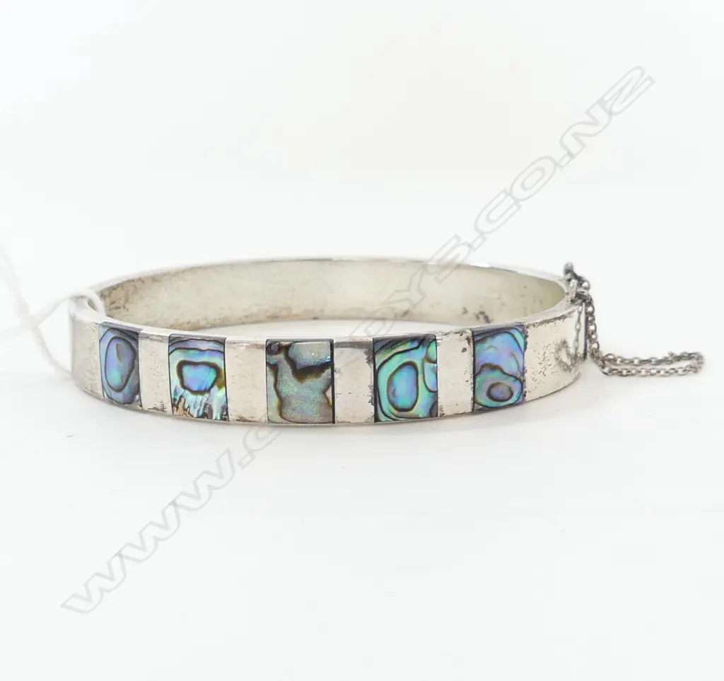 SILVER & PAUA SET HINGED BANGLE Image 1++