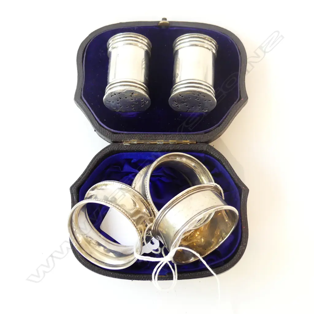 3 STG SILVER NAPKIN RINGS + PR CONDIMENTS IN ORIG. BOX 63gms Image 1++