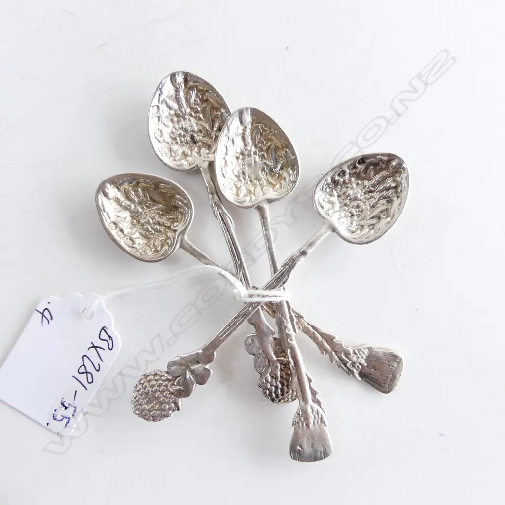 set 4 VICT SILVER CAST SILVER FANCY COFFEE SPOONS L.1891 by William Comyns & Sons various florals Image 1++