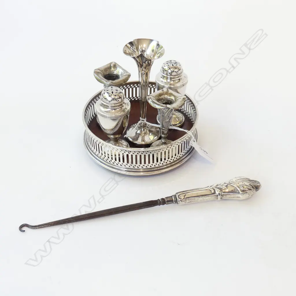 STG SILVER WINE COASTER 130mm dia, STEM VASE, BOOT HOOK, PR CONDIMENTS, PR THAI VASES H.70mm Image 1++
